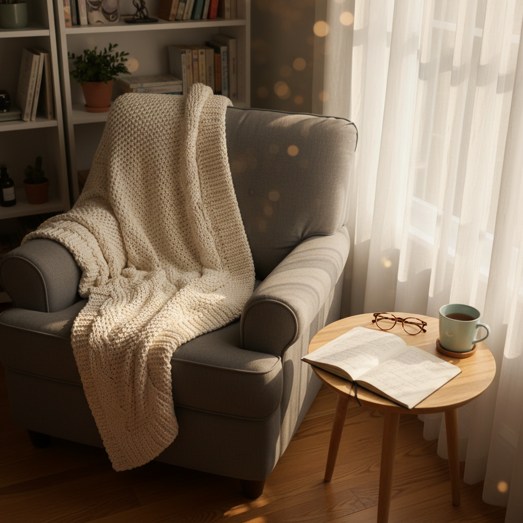 A cozy reading nook symbolizing reflective blog posts, with an overstuffed gray armchair draped with a soft knitted cream blanket, a small round wooden side table, and an open journal lying flat beside a pair of tortoiseshell reading glasses. A simple ceramic cup of tea rests on a cork coaster. The setting is near a tall window framed by sheer white curtains, with late-afternoon golden light casting warm highlights across the chair’s textured fabric and creating subtle, elongated shadows on the wooden floor. Photographic realism from a slightly elevated angle, with a gentle bokeh on the background bookshelves and plants, evoking an intimate, thoughtful, and personal mood suited to Natthie’s introspective storytelling.